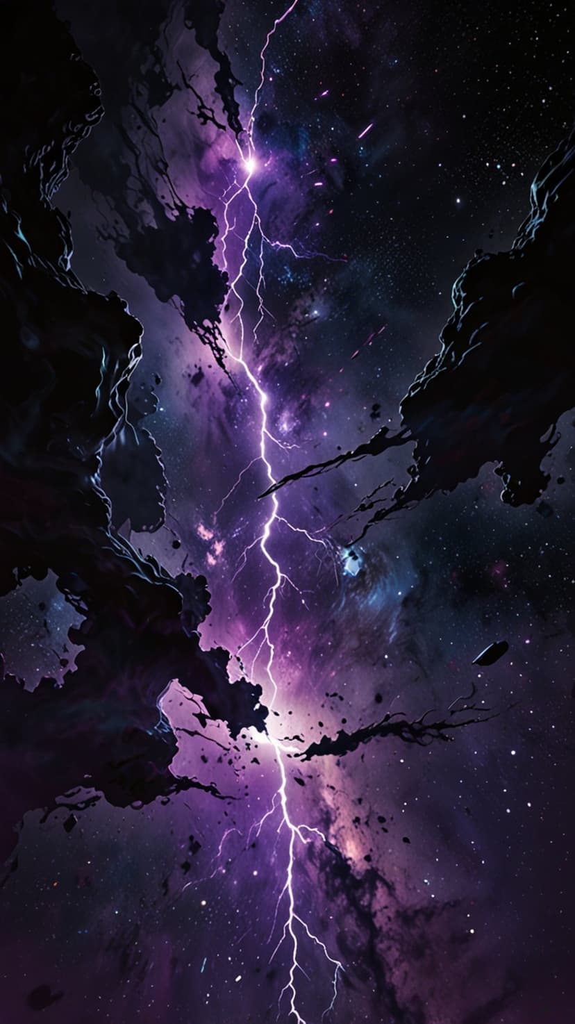 Violet lightning bolts pierce through magenta gas clouds and dark cosmic dust within a dense field of distant stars.