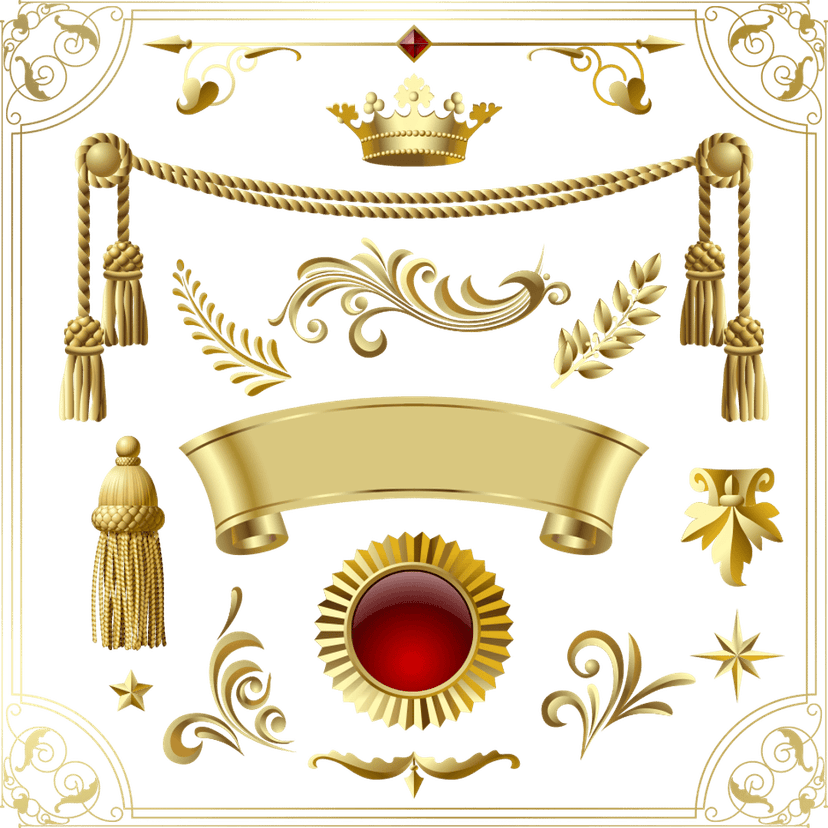 Golden crown vector icon featuring a metallic yellow tiara, curved banner, and laurel wreath on blue surface.