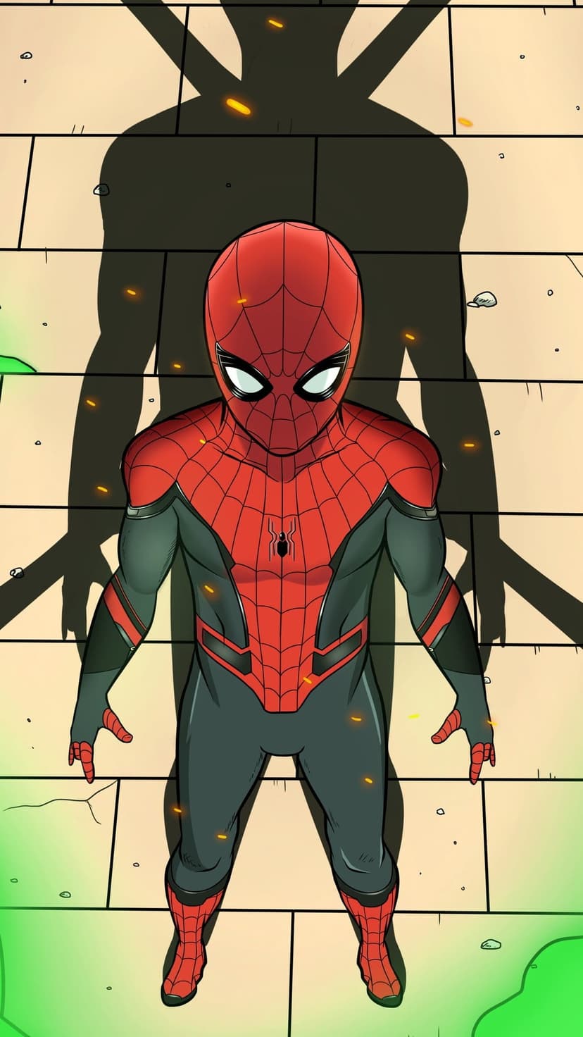 Spider-Man in a red and black suit stands before a brick wall with a massive shadow and glowing orange particles.