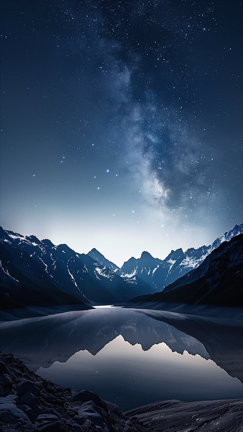 Milky Way galaxy stars arching above snow-covered mountain peaks reflected in a dark, calm alpine lake at night.