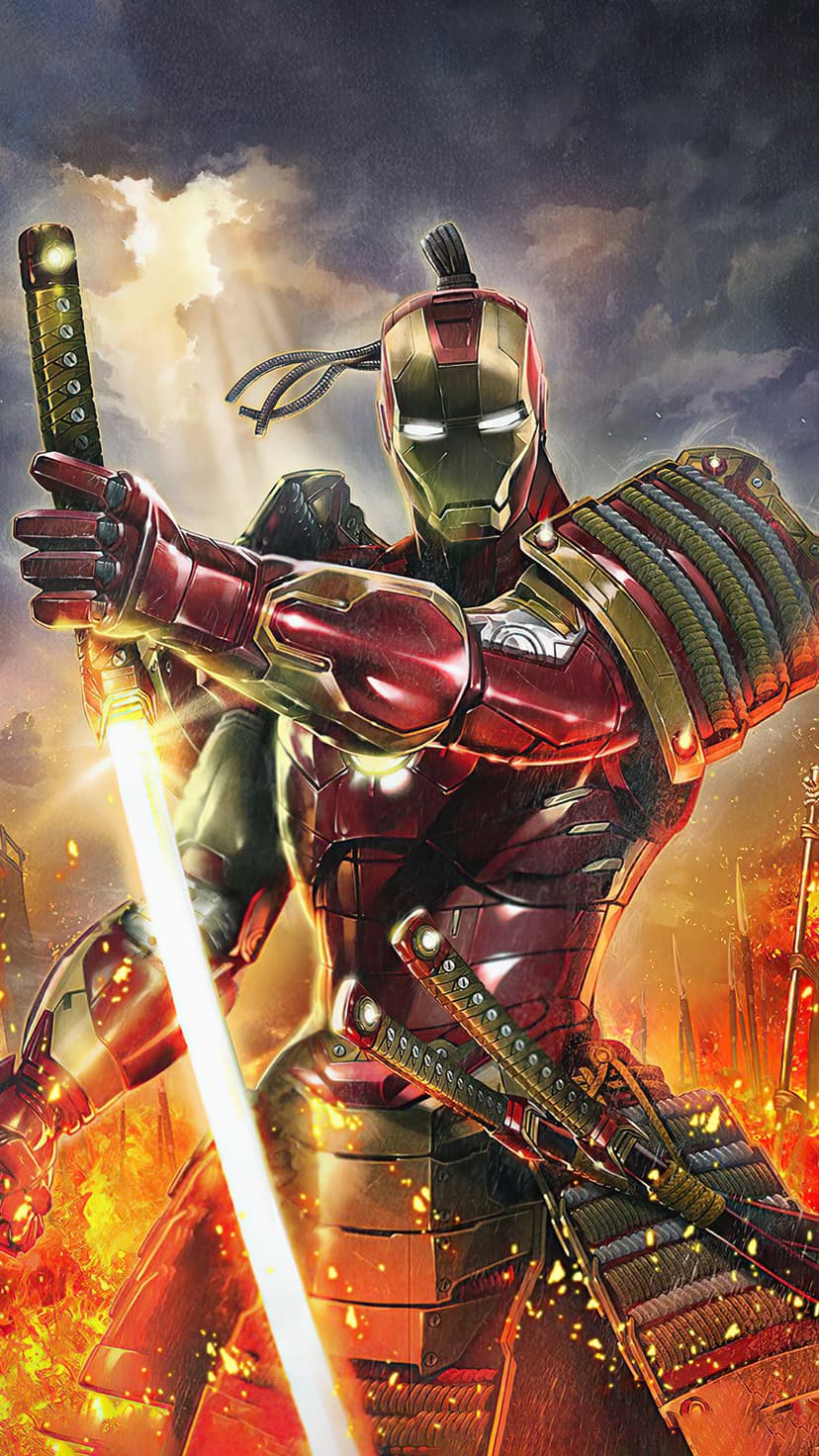 Iron Man in samurai armor grips a glowing blade amidst a landscape of fire, falling embers, and heavy smoke.