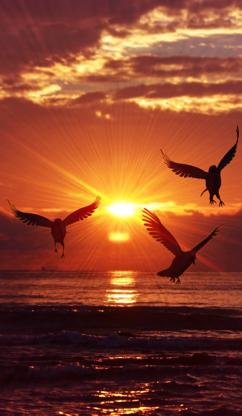 Three birds fly in silhouette against a fiery orange sunset and dramatic clouds over textured ocean waves.