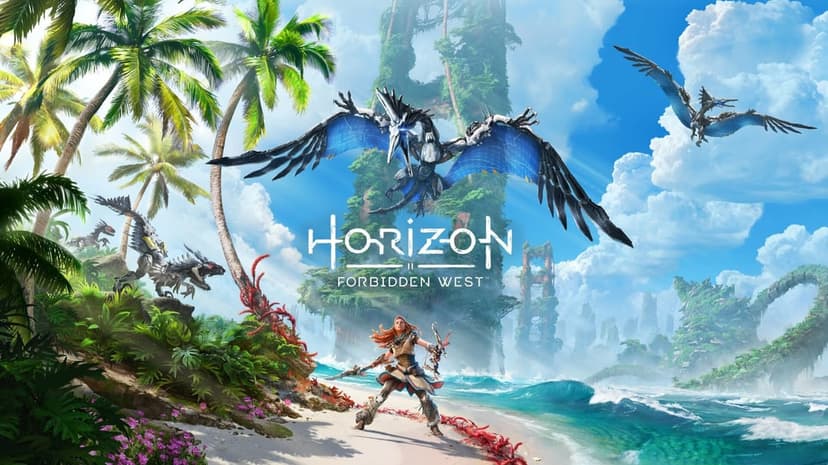 Aloy standing on a tropical beach with robotic sunwing machines and overgrown ruins under a bright blue sky.