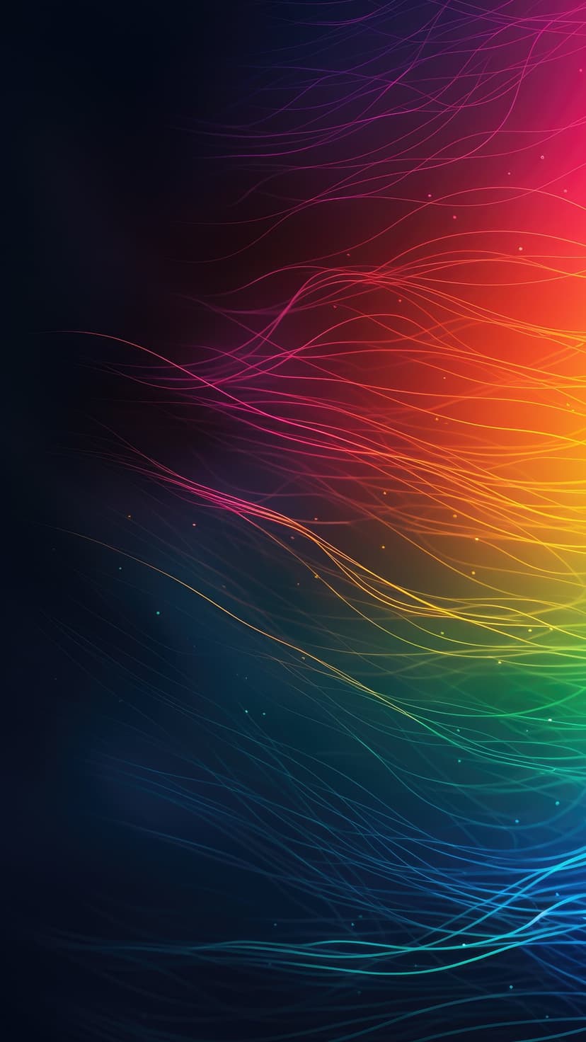 Glowing rainbow light trails swirling against a dark background with scattered sparkling dust particles.
