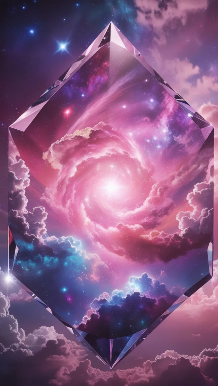 Faceted glass prism reflecting a swirling pink and purple nebula with twinkling stars and soft blue clouds.