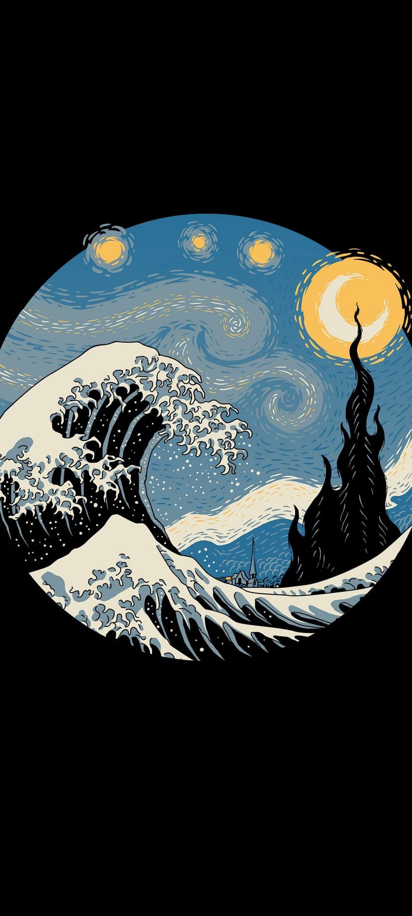 Massive blue ocean wave with white foam surges beneath a swirling night sky featuring yellow stars and moon.