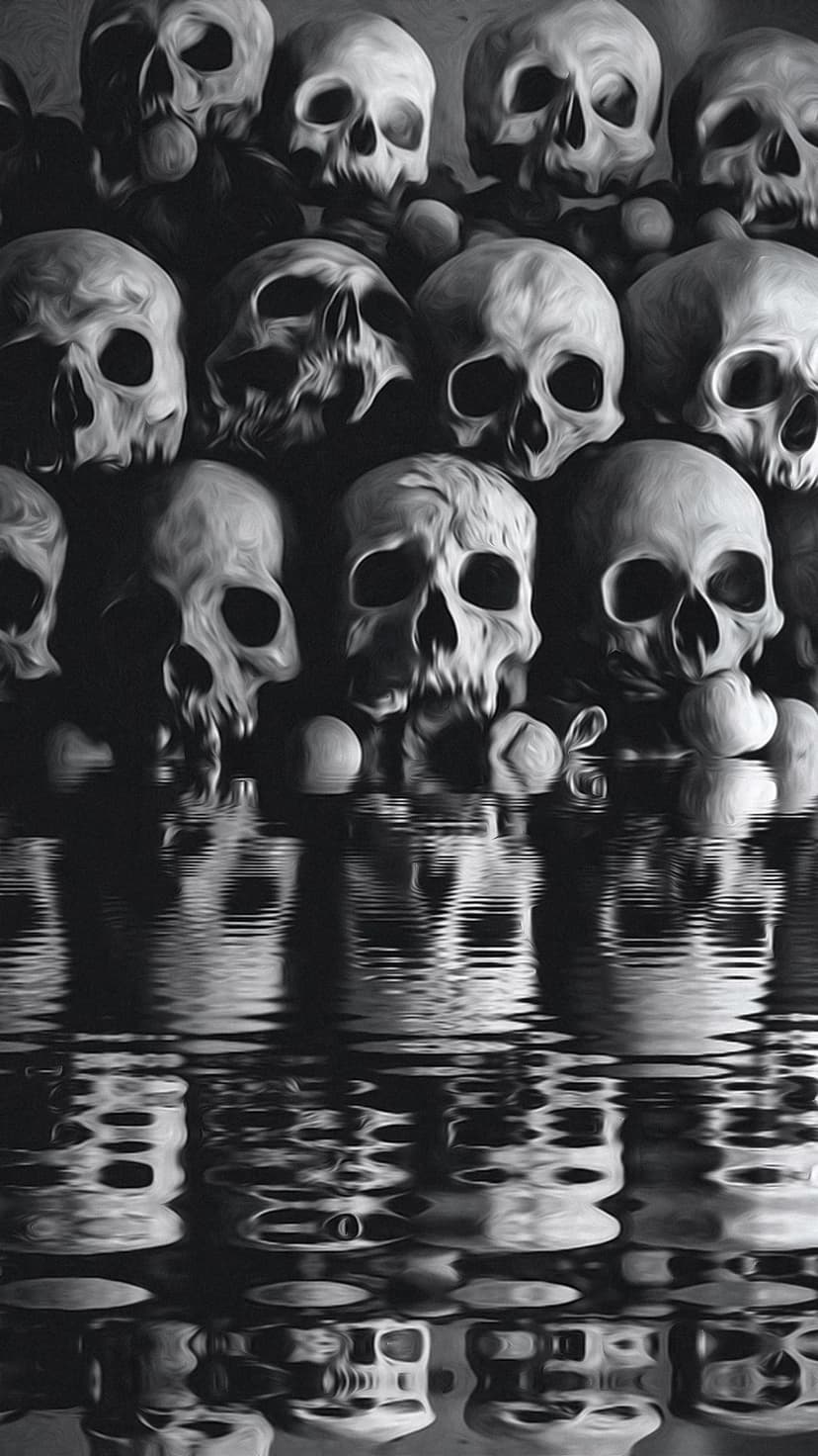 Human skulls reflected on dark rippling water featuring a high-contrast monochrome aesthetic and bone textures.