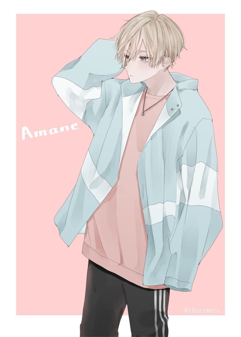 Blonde anime boy named Amane wearing a blue striped jacket and pink shirt while posing against a soft pink backdrop.