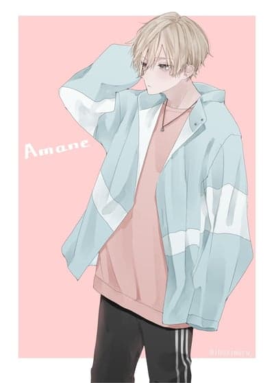 Anime boy Amane in pink and blue jacket