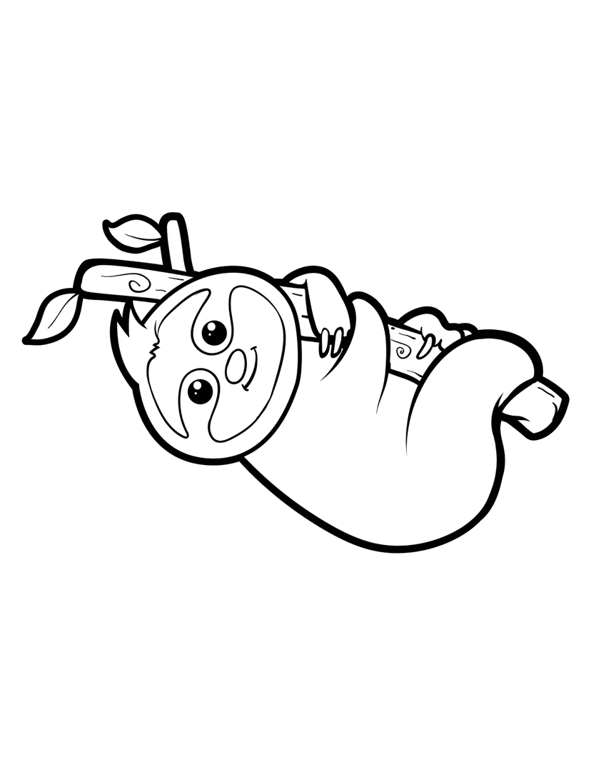 Sloth line art illustration shows a stylized animal hanging upside down from a branch with small leaves.