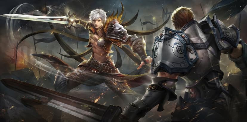 A white-haired warrior in lion armor lunges with a glowing sword at a knight on a smoke-filled battlefield.