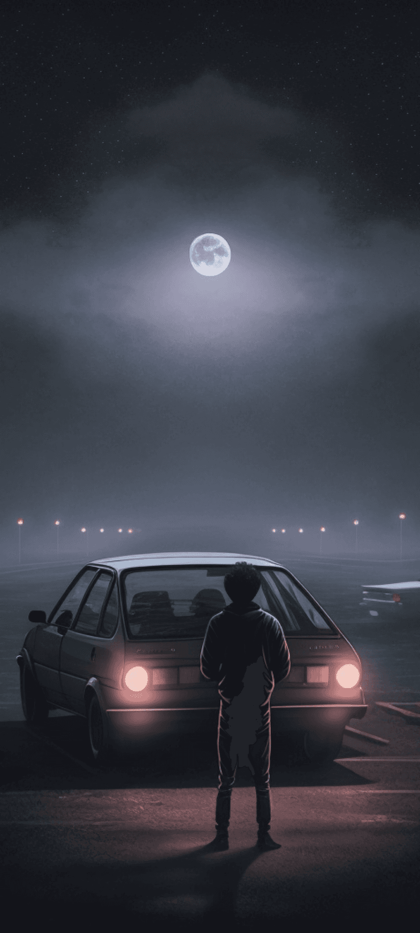 Solitary man standing beside a vintage car on a dark road beneath a large full moon and cloudy night sky.