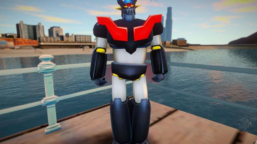 Mazinger Z robot with a red chest piece standing on a wooden pier overlooking a blue ocean and city skyline.
