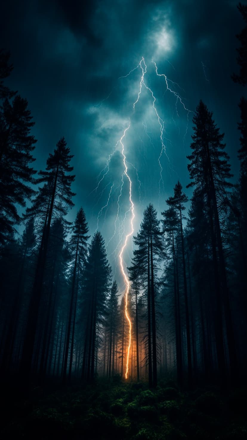 Vivid lightning bolt strikes a dark pine forest with a glowing orange base against a stormy night sky.