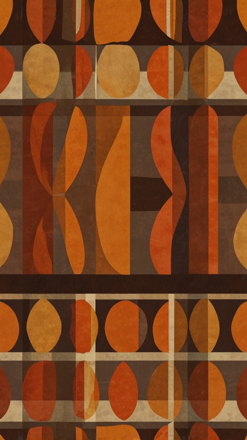 Orange and brown geometric shapes layered on a textured background in a vertical mid-century modern arrangement.