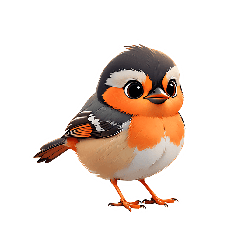Orange songbird sticker illustration with fluffy feathers, glossy black eyes, and a front-facing standing pose.