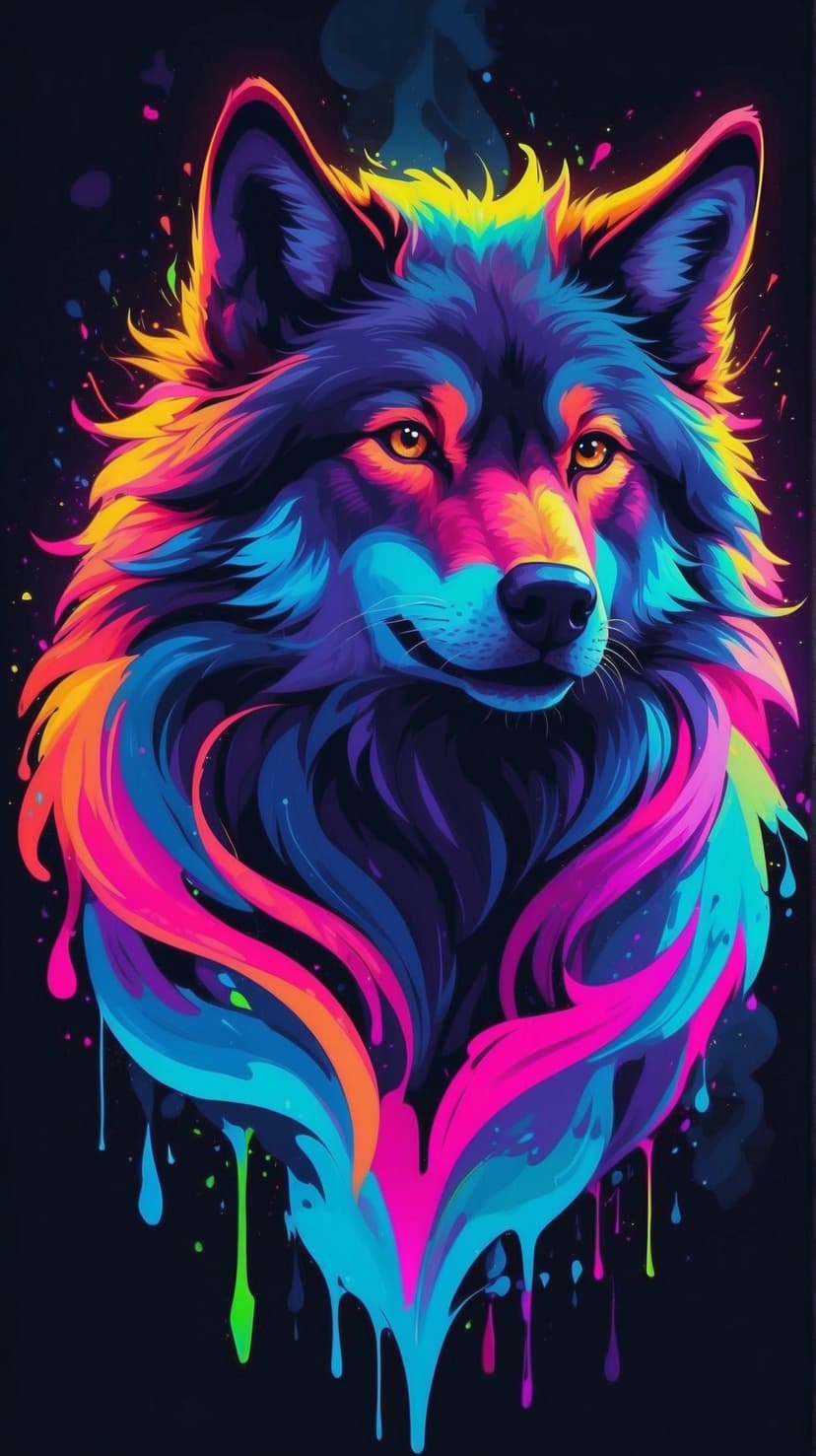 Wolf portrait with glowing blue and pink fur, featuring paint drips against a dark black background.
