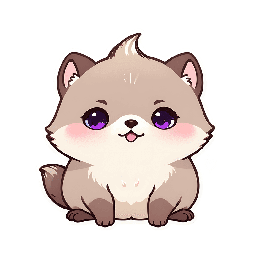 Tan fox kit sticker featuring large purple eyes, pink cheeks, and fluffy white fur in a seated front pose.