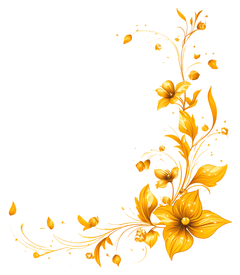 Gold floral corner ornament featuring intricate metallic leaves and yellow blossoms on a transparent background.