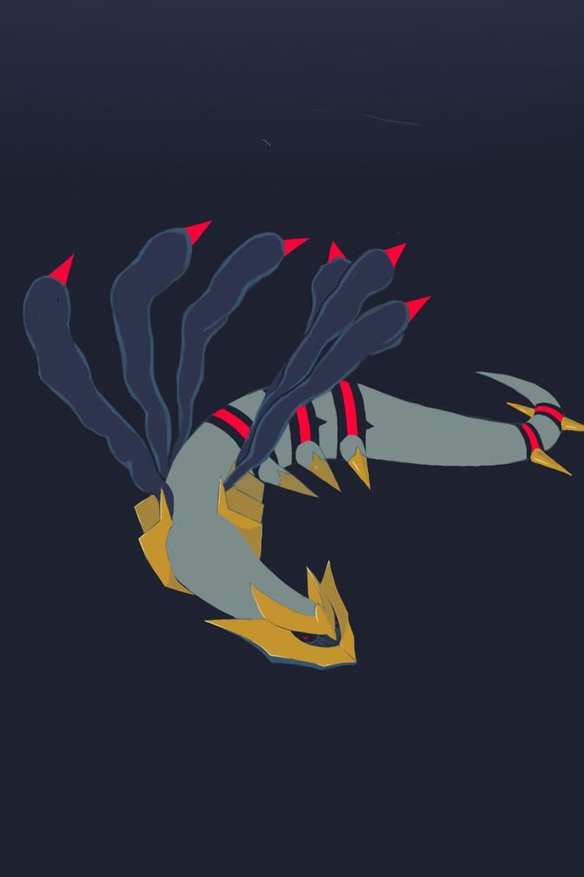 Giratina Origin Forme with shadowy wings and gold armor floating against a dark navy minimalist background.