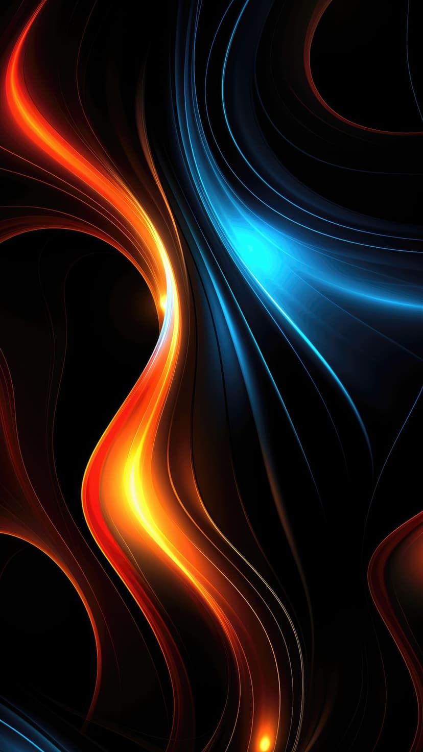 Swirling orange and blue light trails curve against a solid black background with glowing ethereal energy.