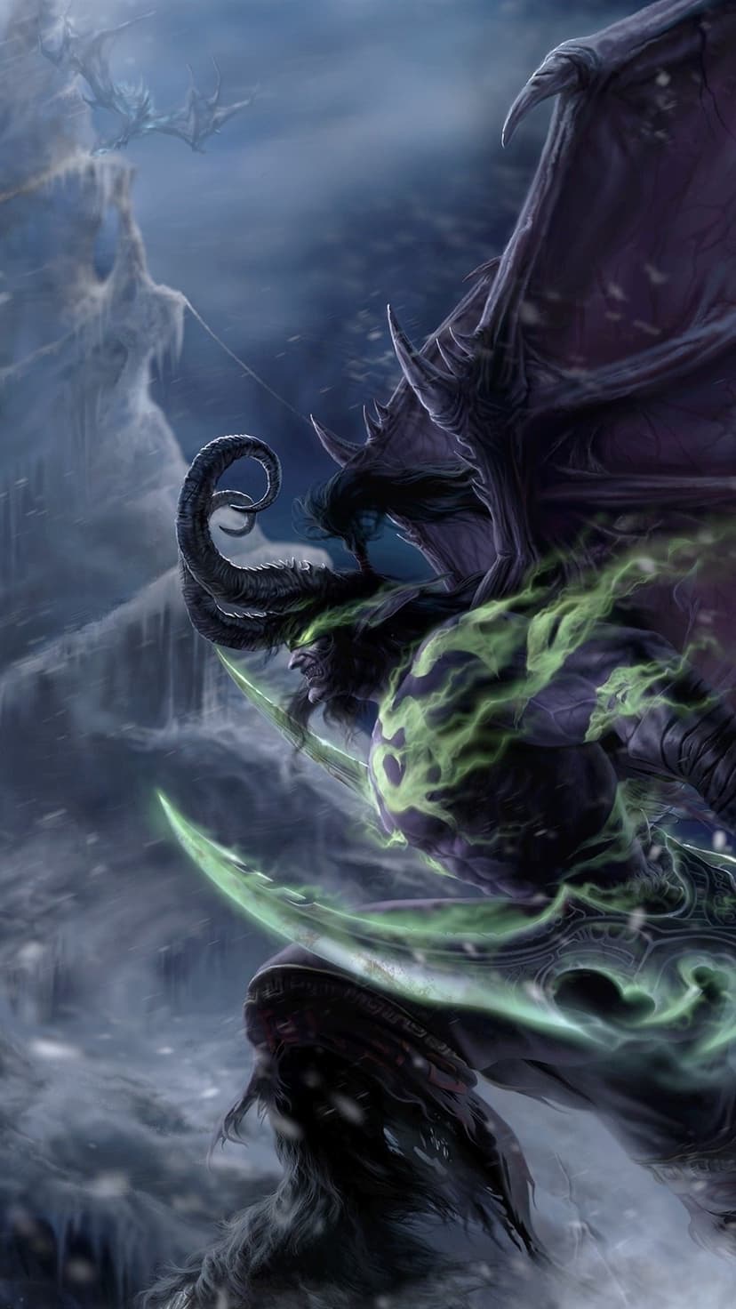 Demon hunter with glowing green tattoos and massive wings holds warglaives in a snowy mountain landscape.