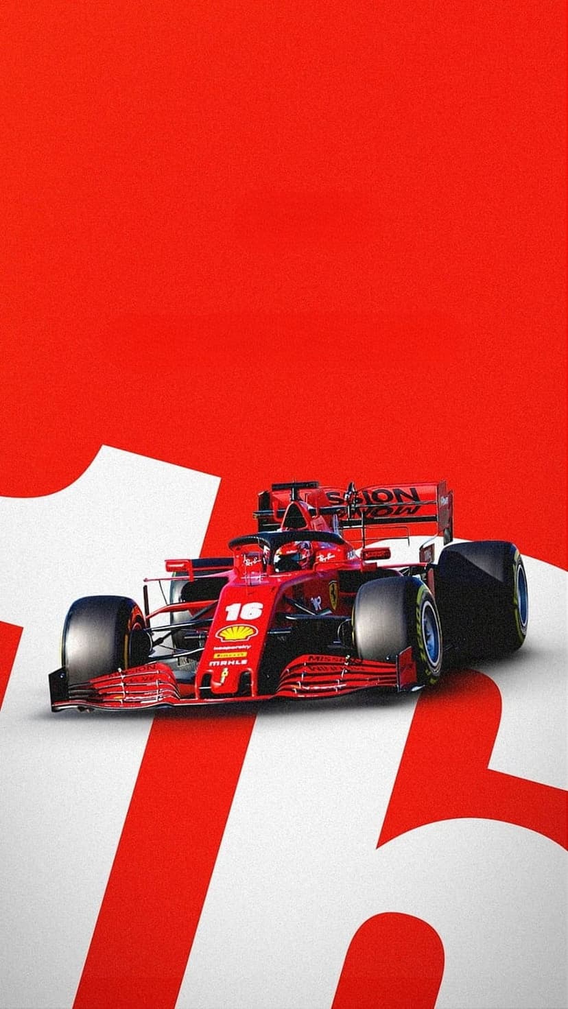 Ferrari Formula 1 car with number 16 on a red background with large white graphics for mobile screens.