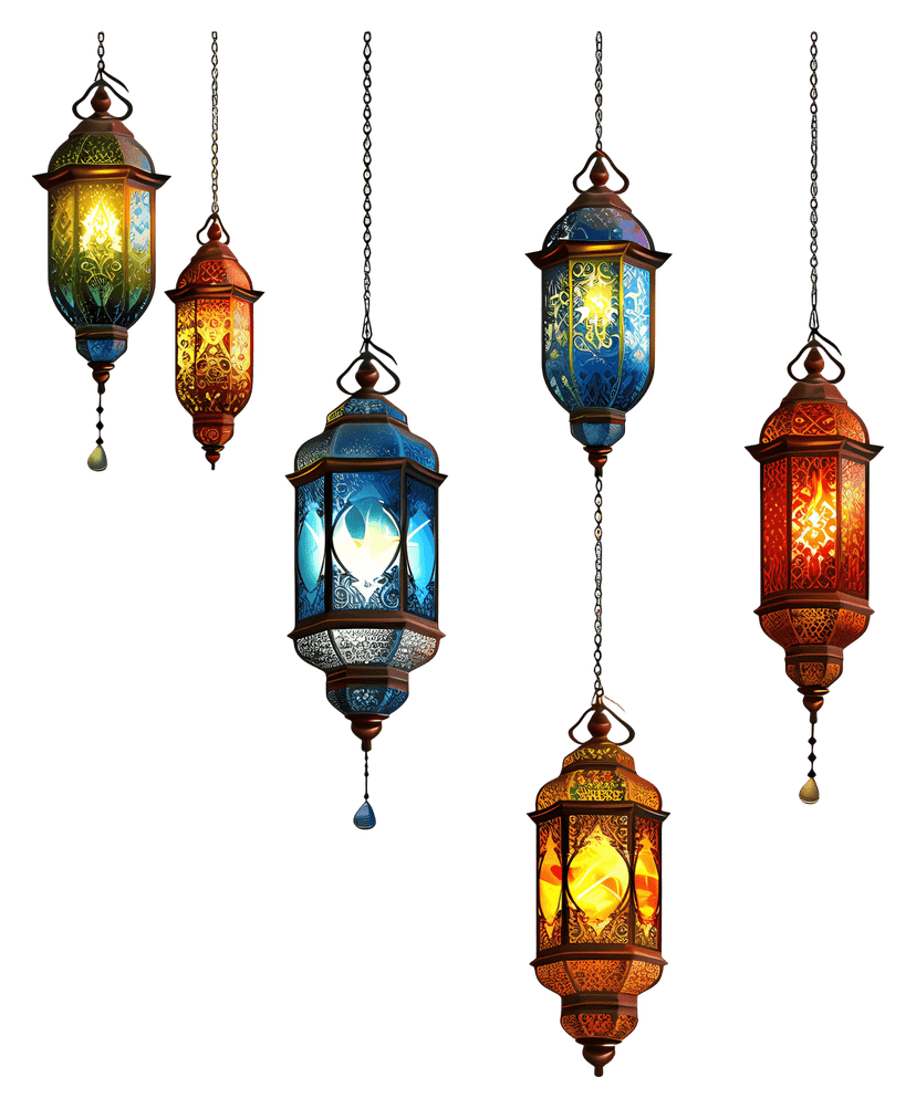 Hanging lanterns featuring intricate metal frames and colorful glass panels glow against a transparent background.