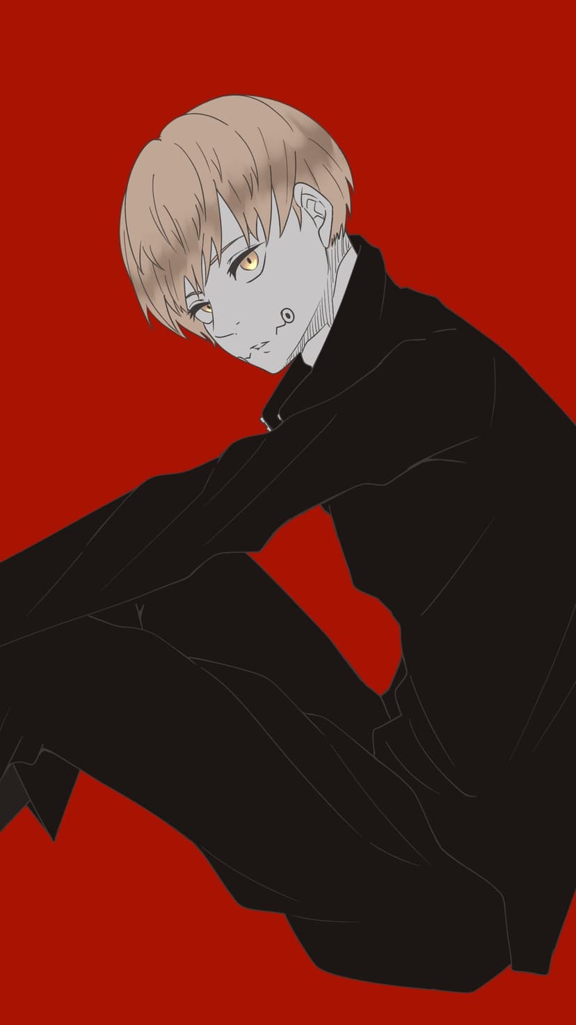 Toge Inumaki reveals black cursed speech facial markings and yellow eyes against a solid red background.
