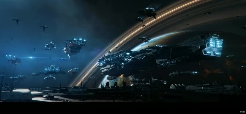 Giant industrial spaceship fleet flying past a golden ringed planet in deep blue space with glowing engines.