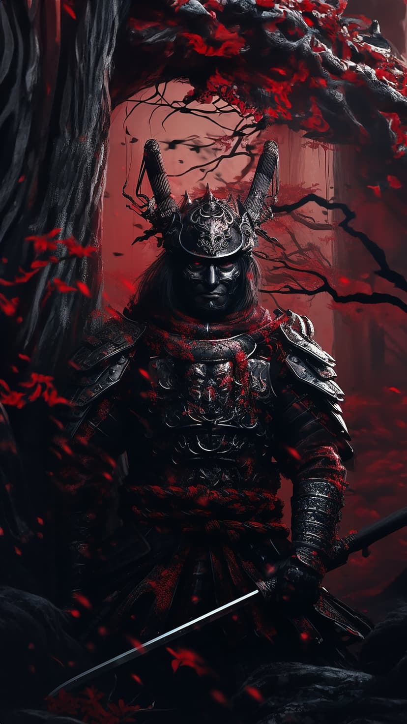 Samurai warrior with a horned helmet stands in a dark forest as red leaves fall around his ornate dark armor.