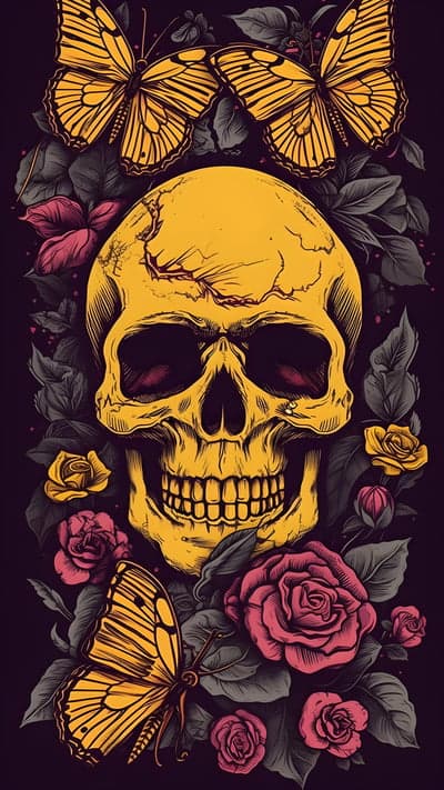 Yellow Skull with Butterflies and Roses