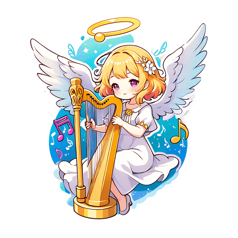 Chibi angel girl sticker playing a gold harp while wearing white wings and a halo against a starry blue sky.