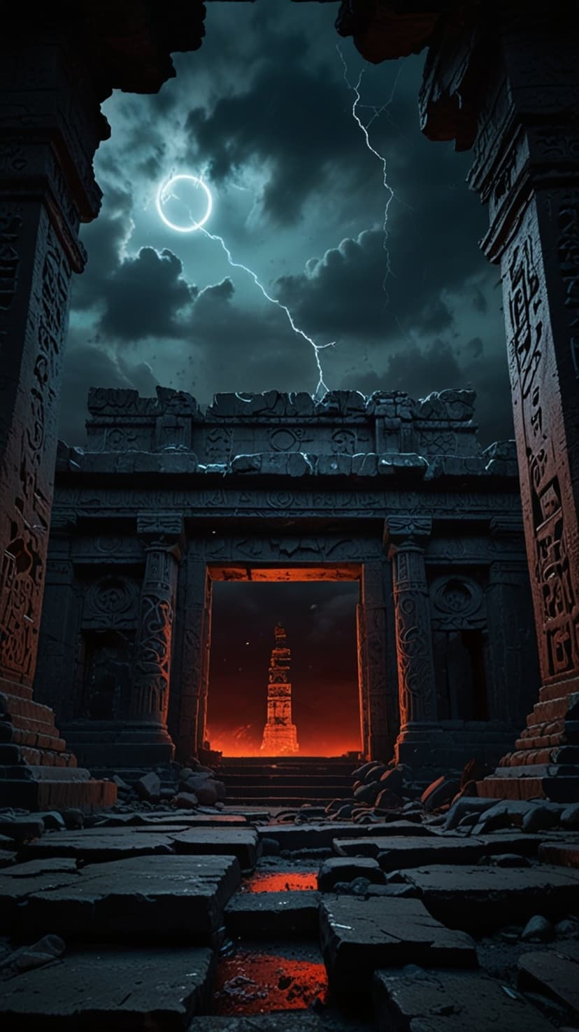 Ancient stone ruins feature a glowing ring and lightning under a dark sky with a fiery red monolith in the distance.