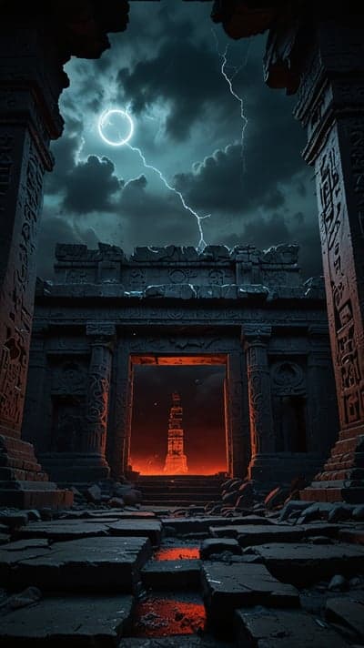 Ancient Ruins Under Stormy Sky with Lightning and Inner Glow