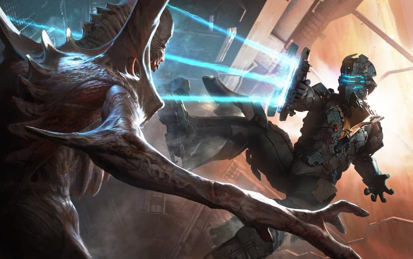 Isaac Clarke in sci-fi armor aims a blue laser weapon at a large mutated monster in a dark industrial spaceship.