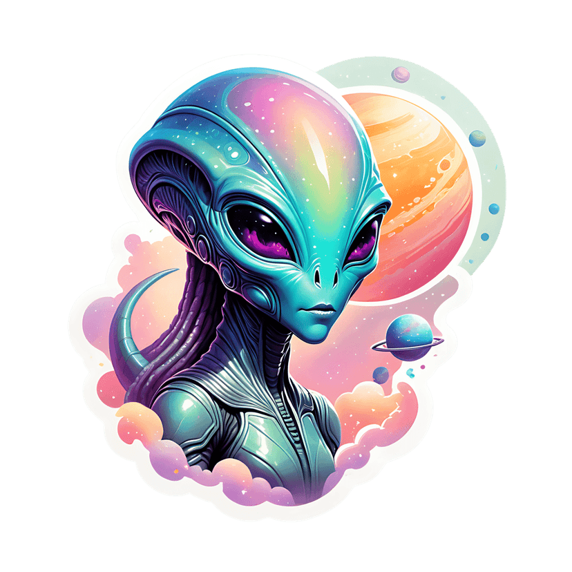 Rainbow alien sticker head with purple eyes floats against a cosmic background of planets and pastel clouds.