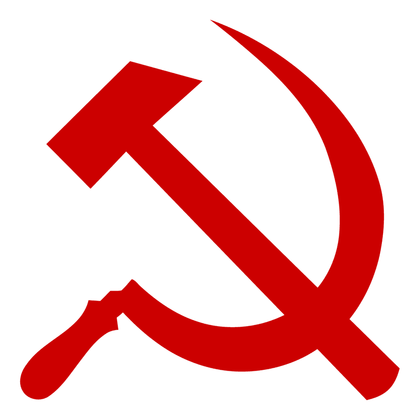 Hammer and sickle emblem featuring a solid red flat vector style with sharp edges on a transparent background.