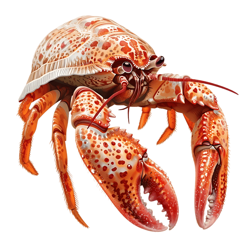 Hermit crab with orange speckled shell and red claws isolated on a black background in a detailed macro view.