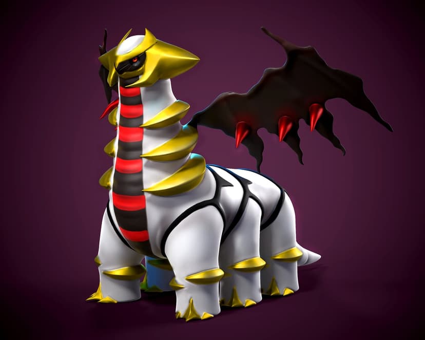 Giratina Altered Forme 3D render with gold armor and red-spiked black wings on a dark purple background.