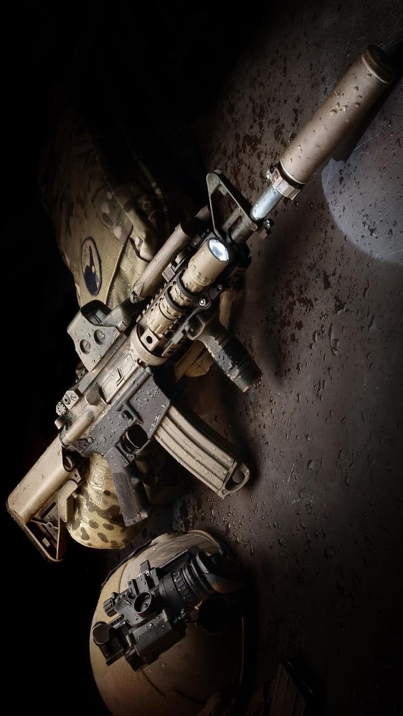 Tactical rifle with suppressor and red dot sight lies next to a military helmet featuring night vision goggles.
