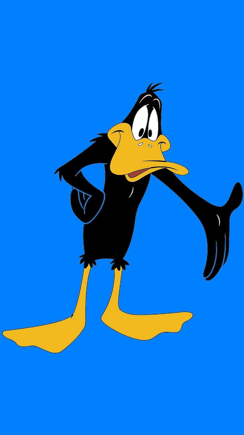 Daffy Duck posing with one hand on his hip against a solid blue background in a vertical character portrait.