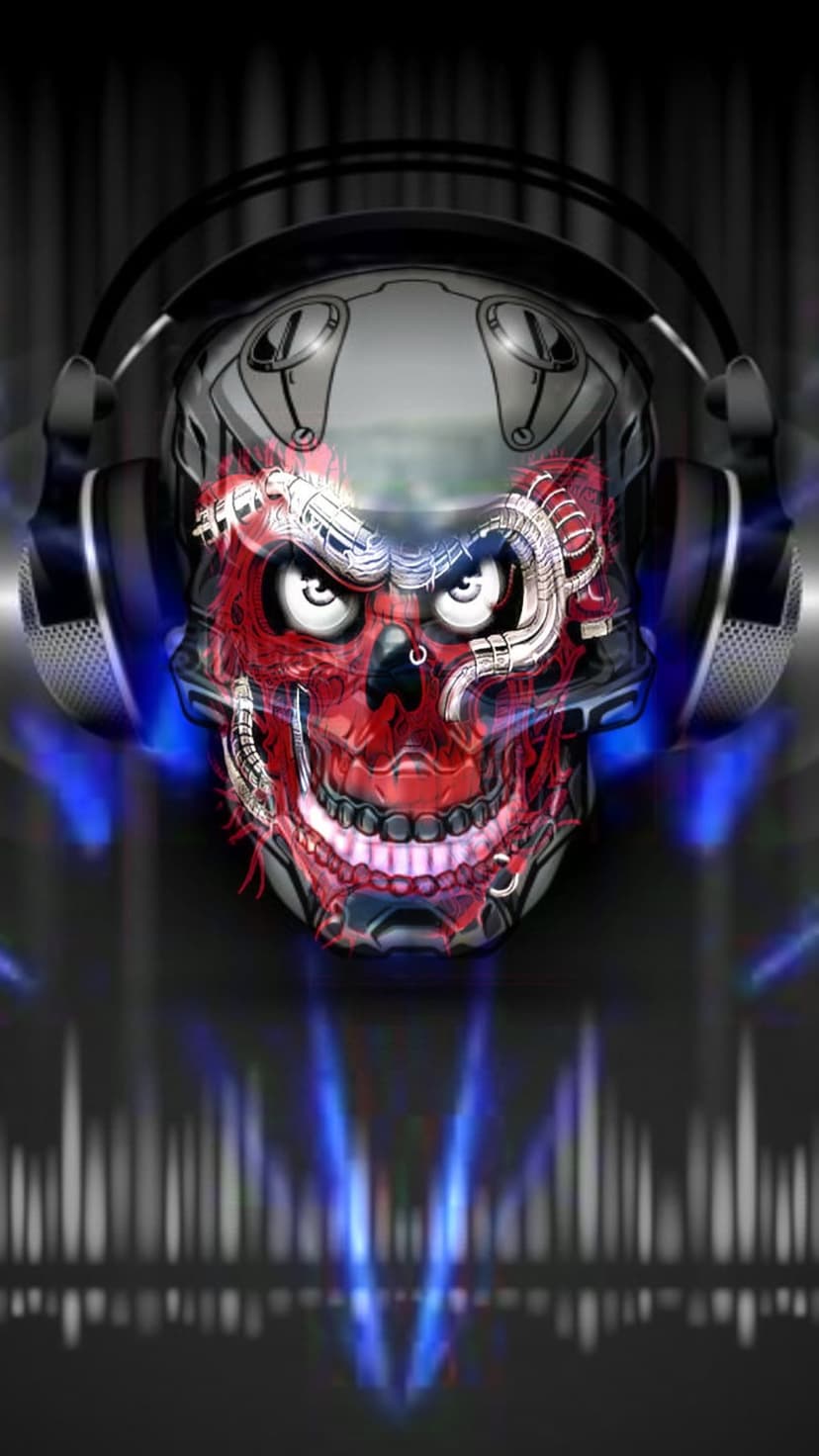 Mechanical skull wearing large headphones with red internal glow and blue neon audio wave effects.
