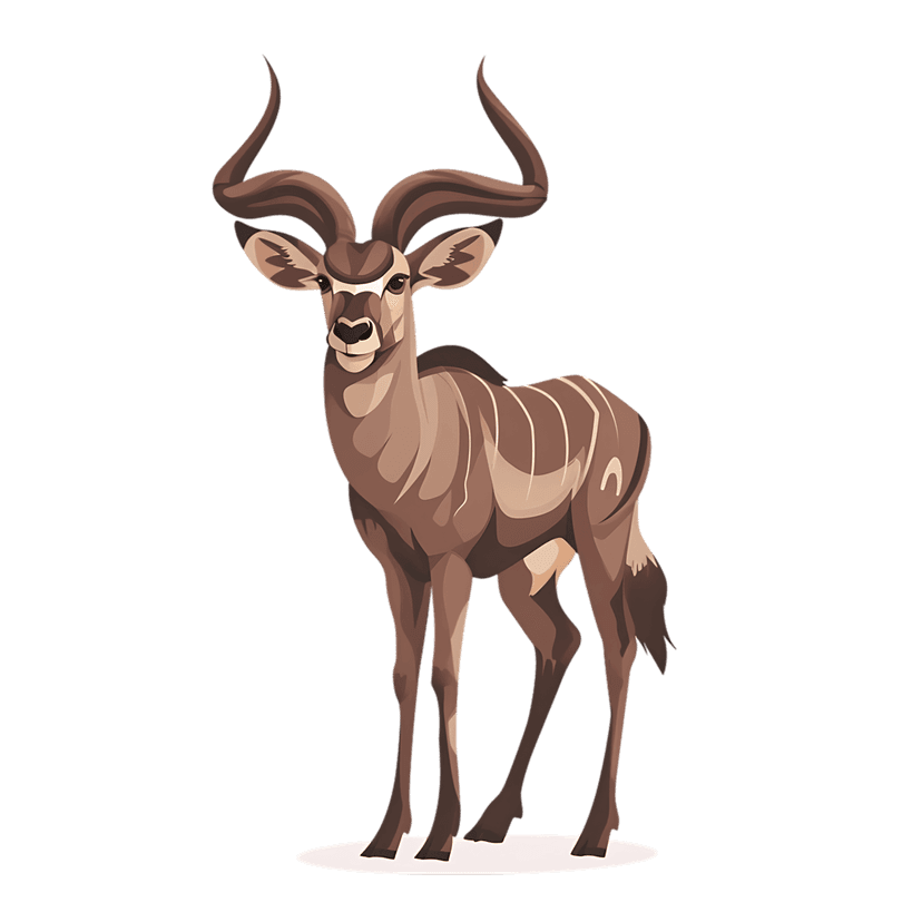 Greater Kudu with spiraling horns shows white vertical stripes on a greyish brown coat in this side profile.