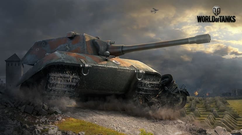 Large German heavy tank crushing a motorcycle and obstacles in a rugged field under a dramatic sunset sky.