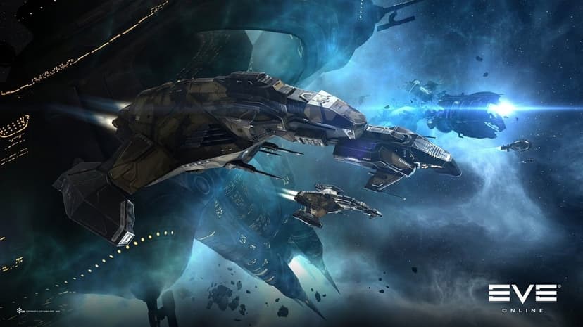 Sleek sci-fi spacecraft fly through a deep blue nebula with glowing engine flares and a massive capital ship.