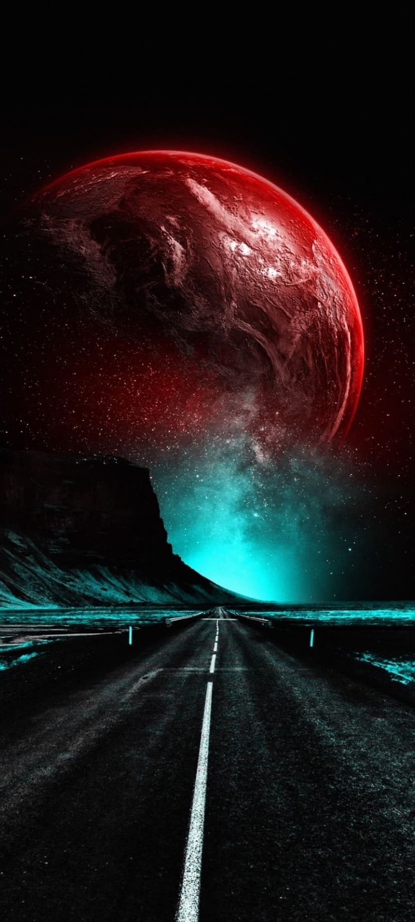 Giant textured red planet looms over a desert road leading toward a bright turquoise nebula in a starry sky.