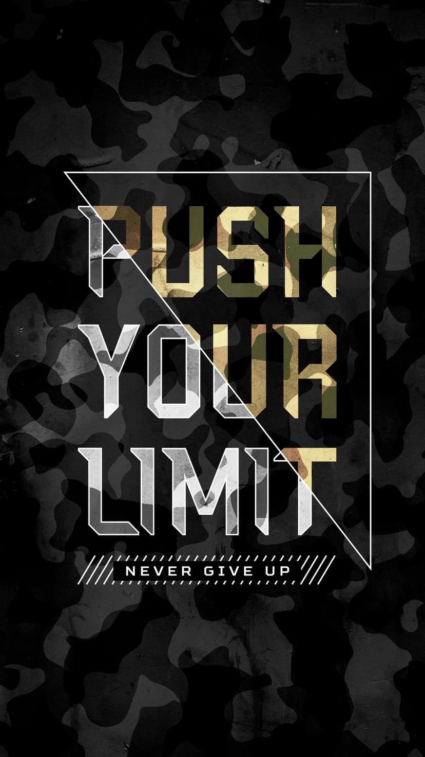 Gold and white Push Your Limit text centered over a dark green and brown military camouflage background.