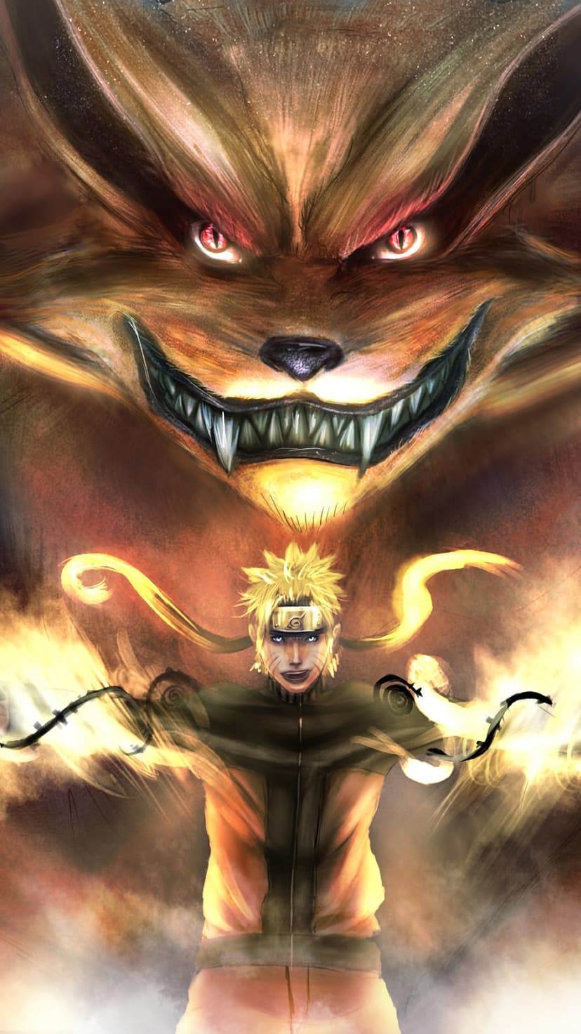 Naruto Uzumaki stands in a golden chakra cloak with the massive Nine-Tails fox snarling behind him in a fiery glow.
