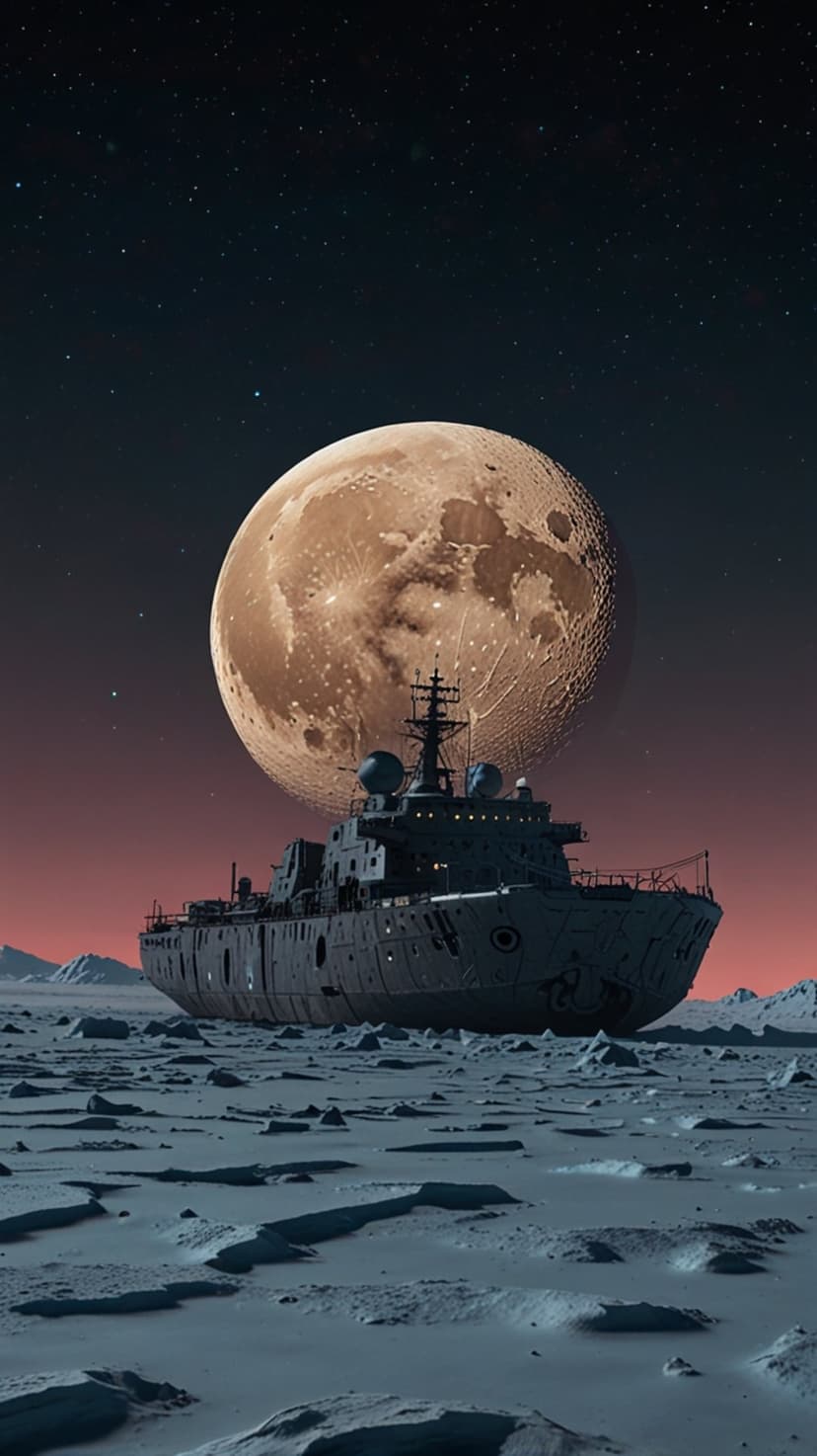 Massive weathered spaceship grounded on a frozen alien plain under a colossal moon and crimson starry night sky.